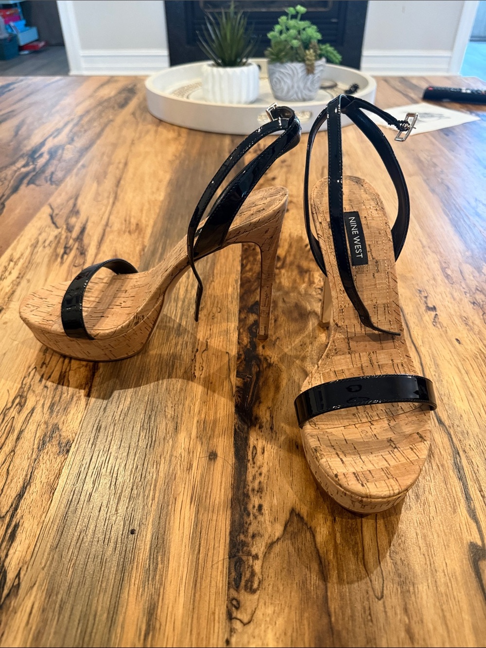 Nine West Black Patent Cork Platform Sandals